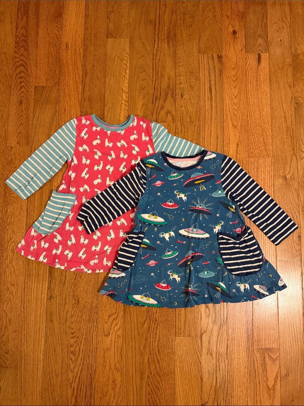 Two Mini Boden Size 7 - 8 Long Sleeve Tunic Swing Dresses Llamas Spaceships
